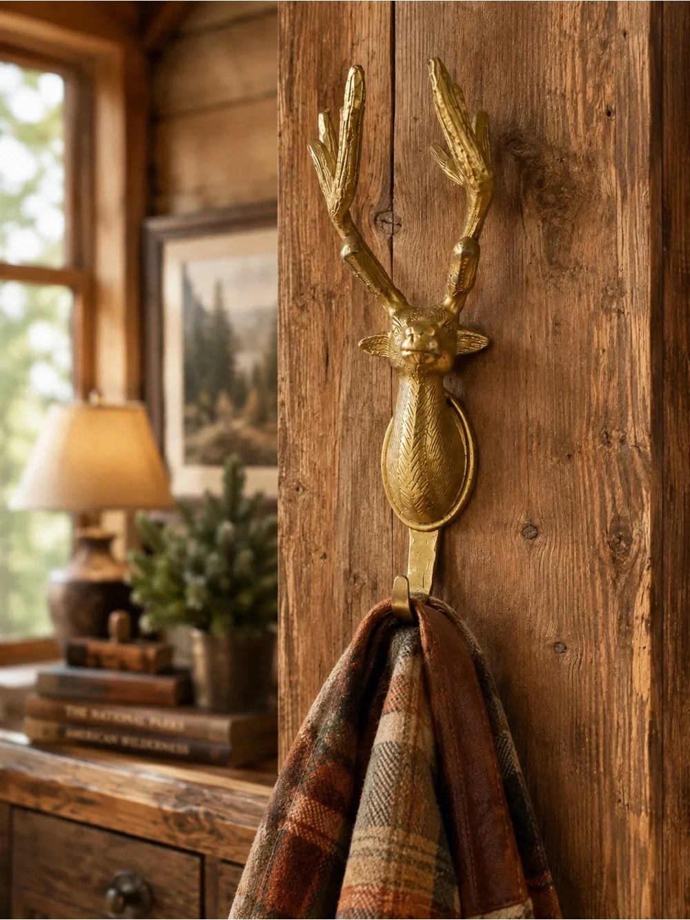 Vtg Cast Brass Stag Deer Head Wall Hook Equestrian Lodge Decor #06152610